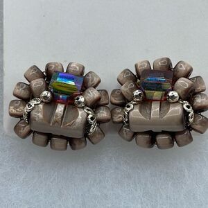 Vintage taupe AB tiger eye button clip earrings .